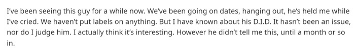 OP starts off by giving us some information about their relationship and then she goes into the details of his conditions.