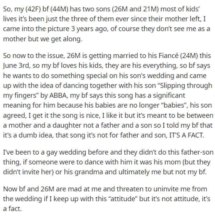 OP starts off her post by talking about the situation with her family and their bonded families together.