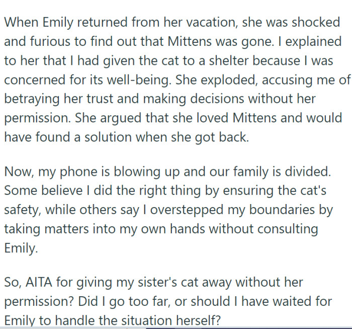OP did what she had to do and helped the poor cat by leaving her in a shelter. Her sister was furious.