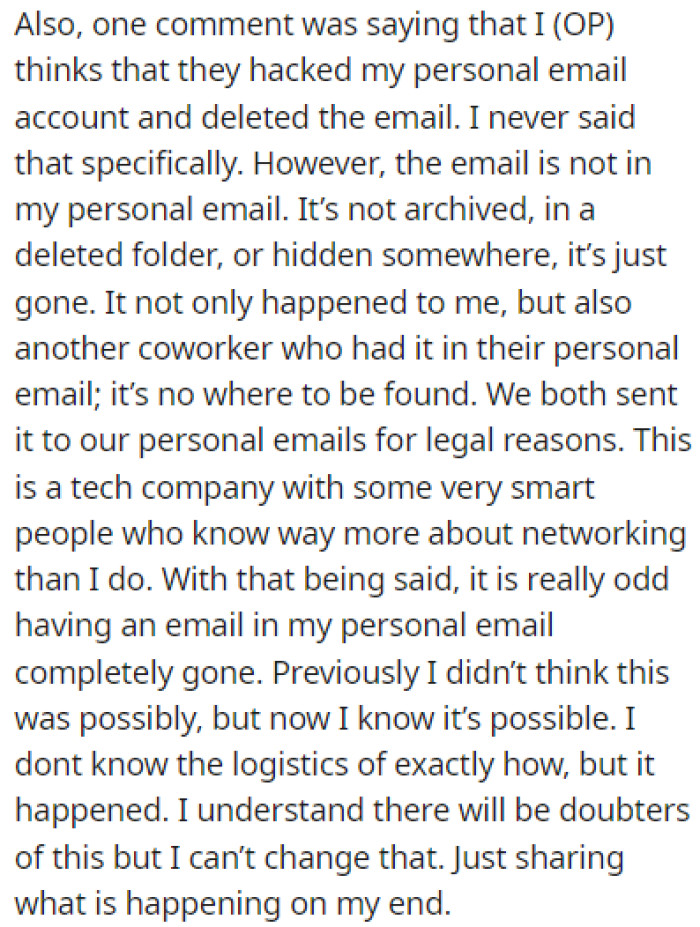 OP doesn't think their email account was hacked, but they still can't find the email