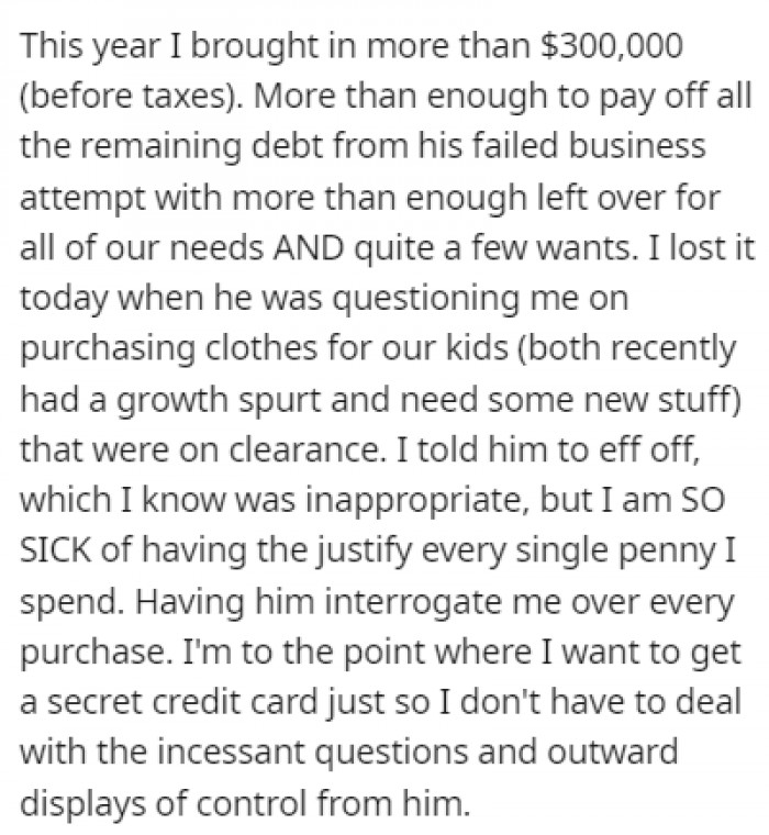 OP's husband questioned her about buying clothes for their kids, and it made OP flip her lid