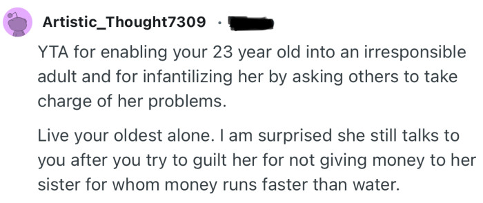 “YTA for enabling your 23 year old into an irresponsible adult.”