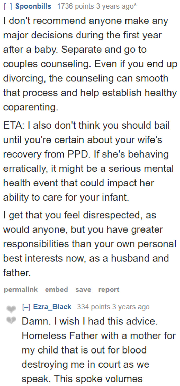 A user suggests going through the divorce after the baby has turned one.