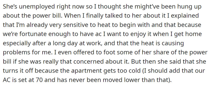 She asked her roommate to stop switching the AC off, but the roommate revealed that she was cold-sensitive: