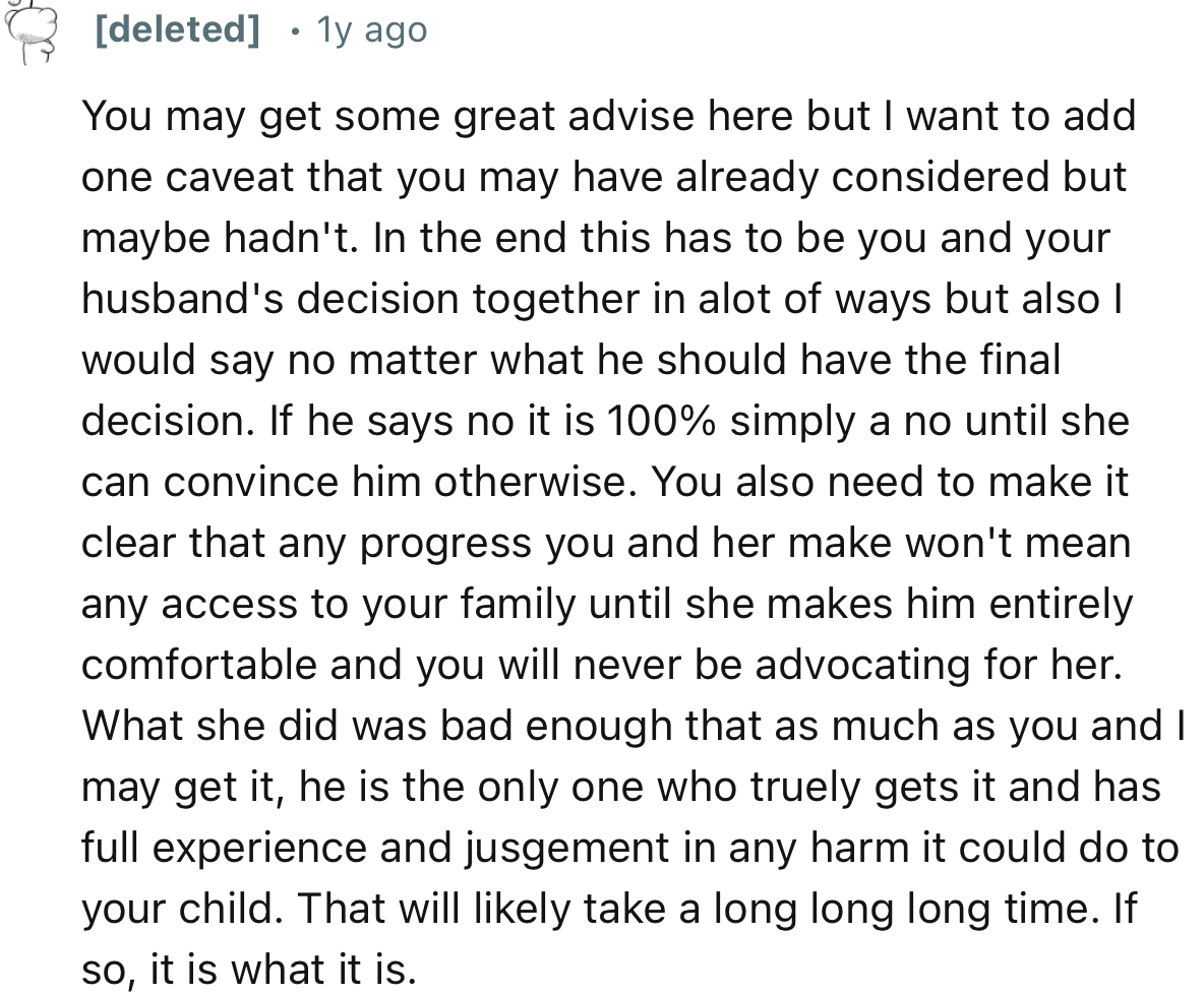 “Make it clear that any progress you and she make won't mean any access to your family until she makes him entirely comfortable.”