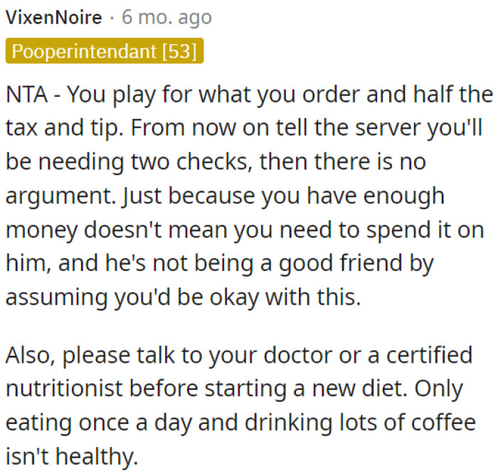 OP Shouldn't Split Expenses Evenly When Dining Out with a Friend Who Orders Expensive Meals