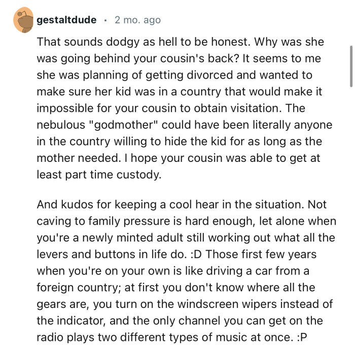 “That sounds dodgy as hell to be honest. Why was she going behind your cousin's back?”