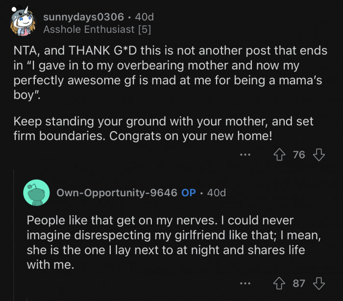 Props to OP for picking his GF's side and not giving in.