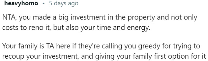Family's unappreciation for investment in property leads to conflict