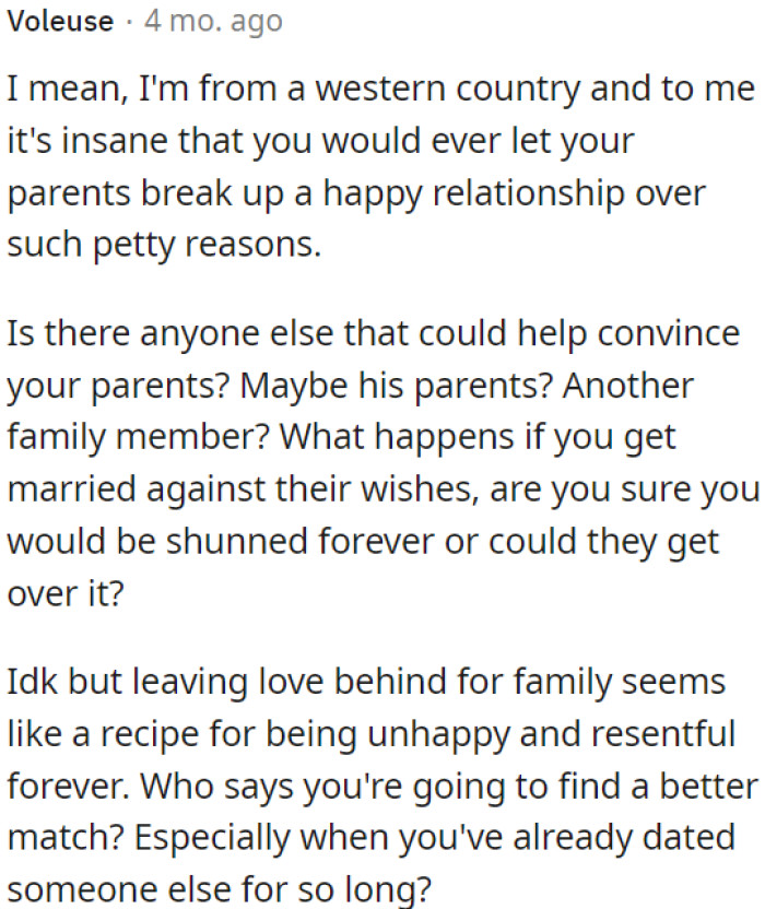It's crazy to let your parents end a happy relationship over trivial issues