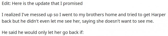 OP went to his brother's home to see Harper.