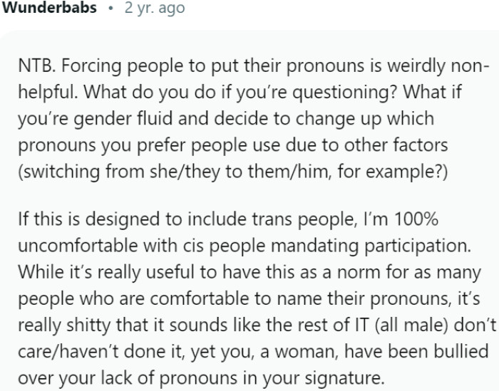 IT workplace where others seem to be unconcerned about including pronouns