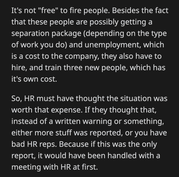 OP said she wasn't aware if these same coworkers have had previous violations prior. All she knew was they were called into a meeting and were never seen at work again.