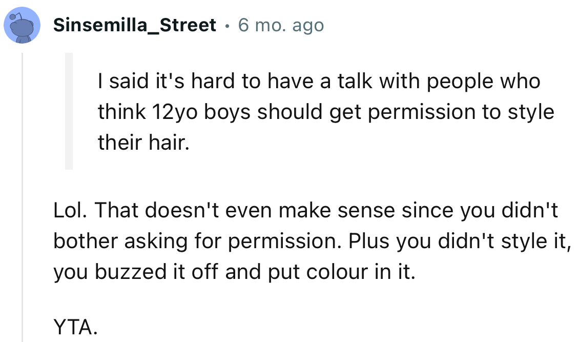 Plus, you didn't style it; you buzzed it off and put color in it. YTA.