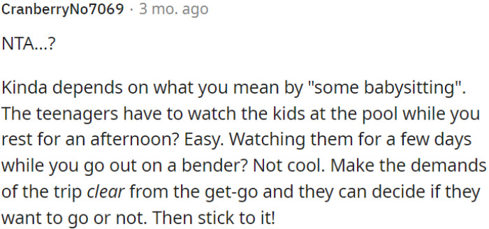 OP Should Communicate Trip Expectations Clearly Upfront, Allowing Teenagers to Make Informed Decisions.