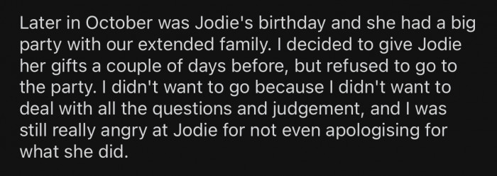 OP decided not to attend her sister's birthday to avoid confrontation.