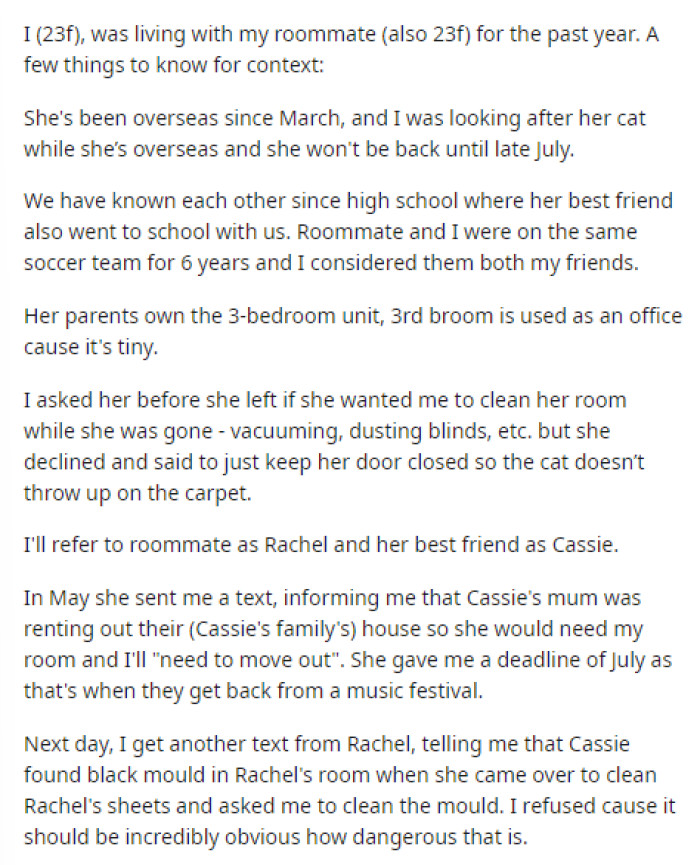 OP starts off the post by providing some context about the roommate situation and the arrangement they had made.