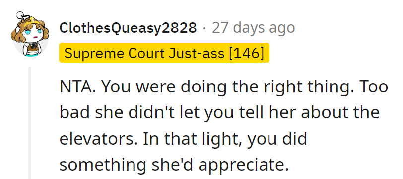 Saving the day one elevator mishap at a time; too bad she missed the memo!