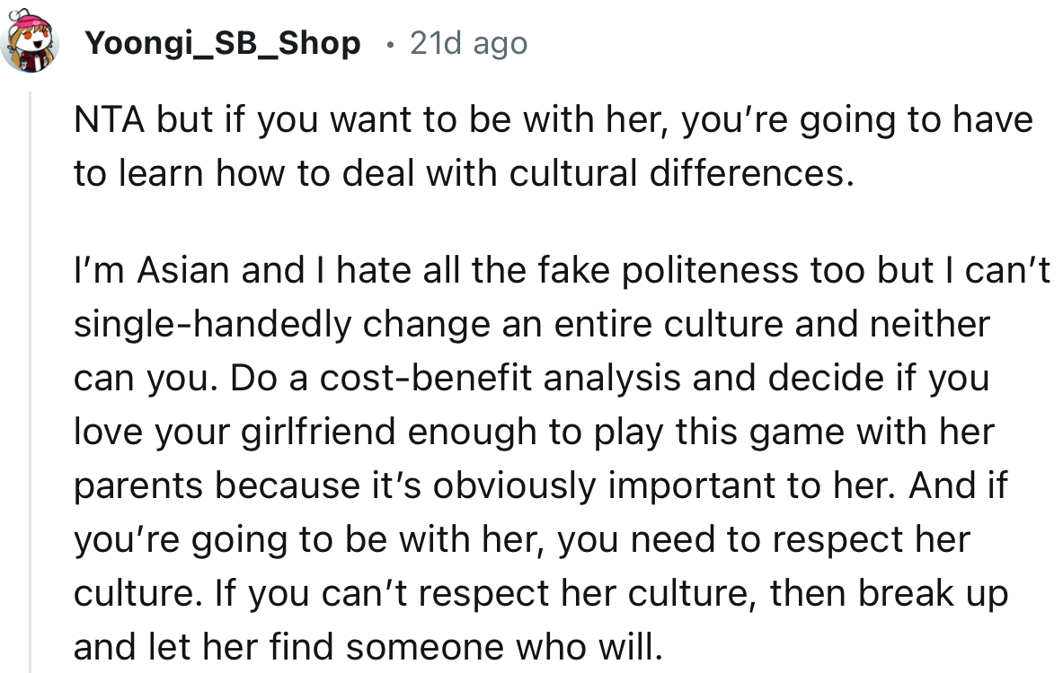 “NTA, but if you want to be with her, you’re going to have to learn how to deal with cultural differences.”