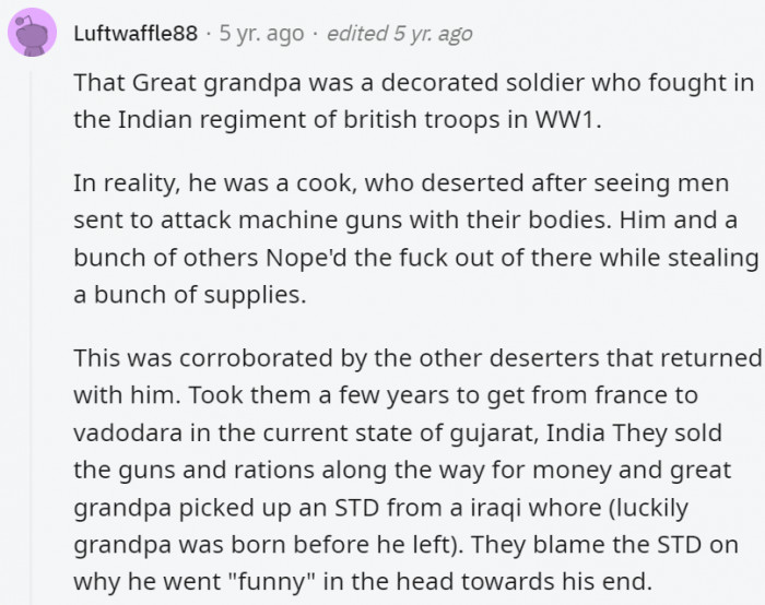 26. The desertion of this person's great-grandpa actually led to something good for the family