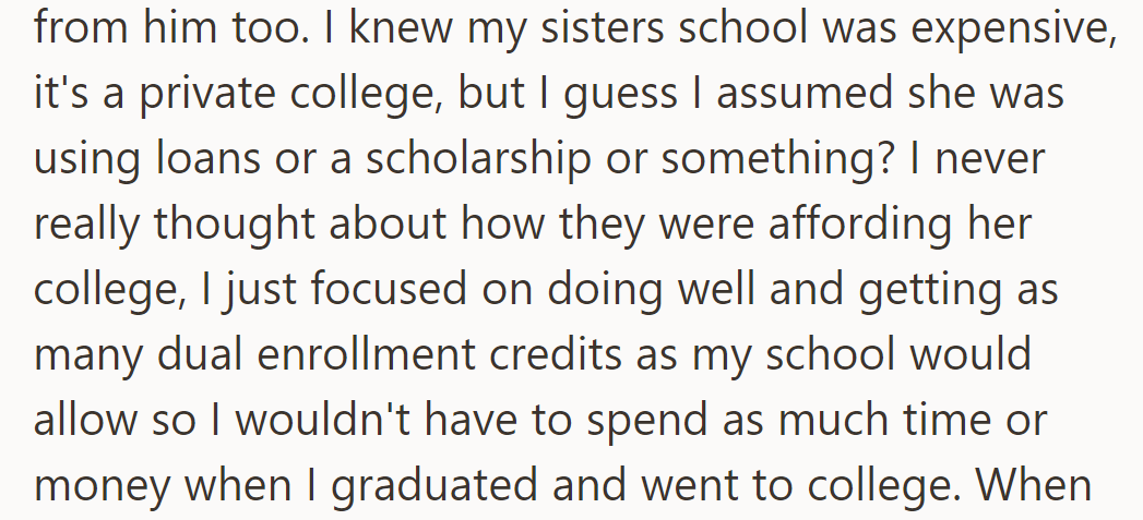 Parents misused funds, impacting OP and Kyle. Sister's college is assumed to be covered by loans or scholarships.