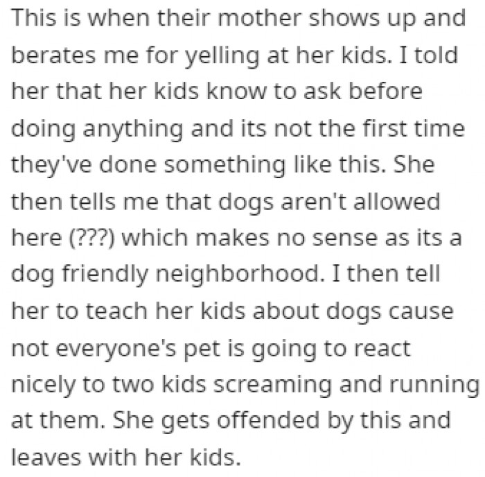 The mother of these two kids showed up and scolded OP for yelling at her children