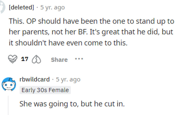 Some people thought that OP should have been the one to step up and say something to her parents, but it seems like he had it covered.