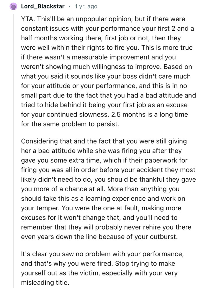 “It's clear you saw no problem with your performance, and that's why you were fired.”