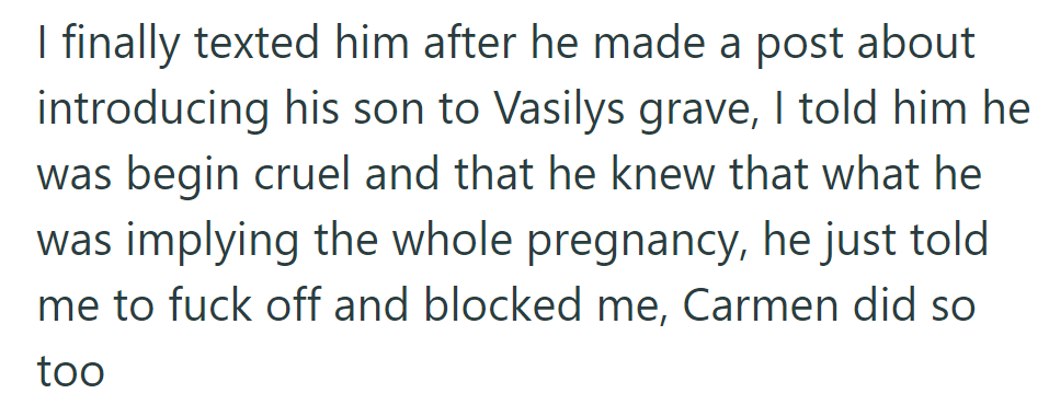 Lazar's post about his son visiting Vasily's grave led to confrontation. He responded by blocking the other person and Carmen.