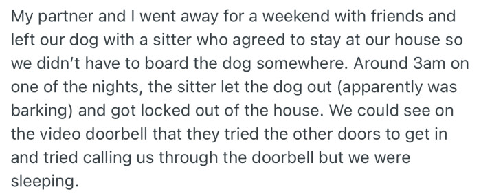 OP and their partner went away for the weekend and paid a dog sitter to stay home and cater to their pup. Unfortunately, the dog sitter mistakenly locked themself out of the house