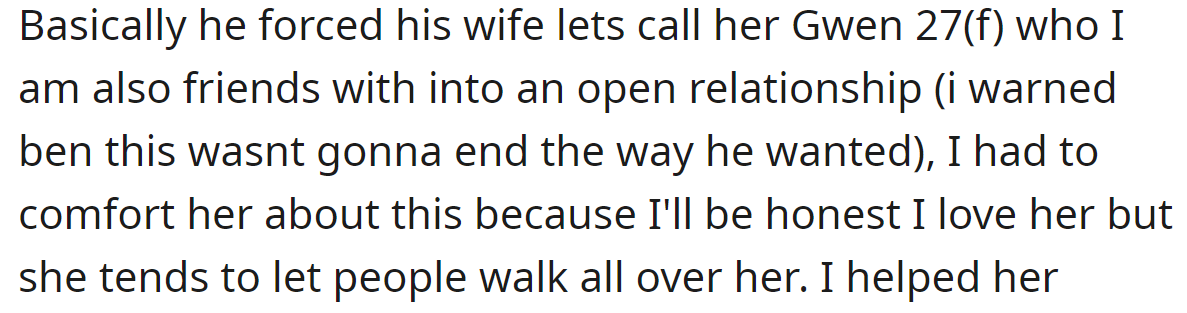 Her friend forced his wife to be in an open relationship:
