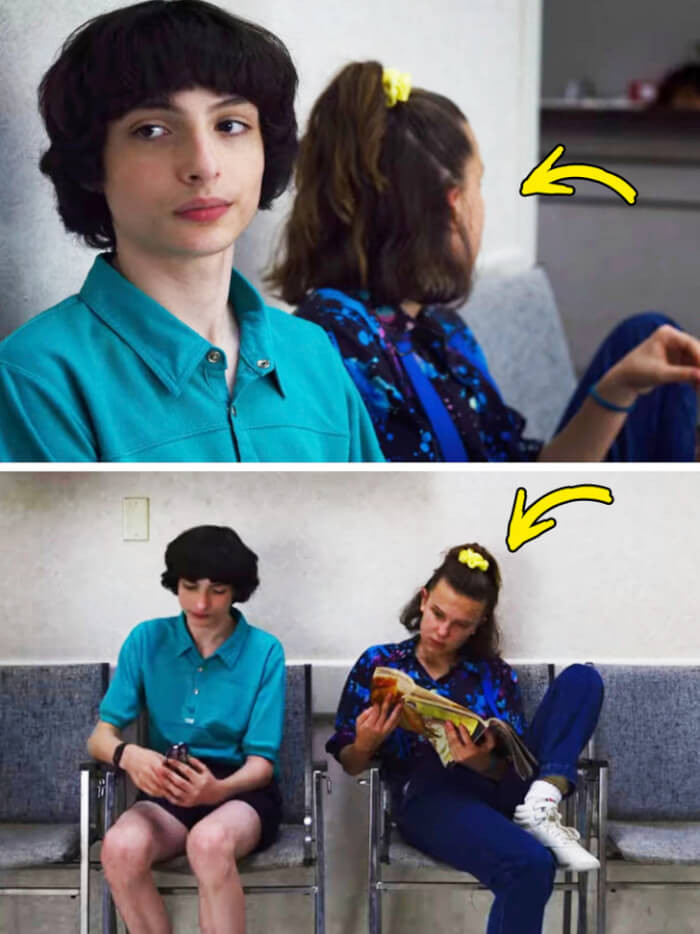 9. As they were sitting in the hospital waiting in season 3, Eleven tried to ignore Will, stopped reading her magazine, and turned to the left. But in the next shot, she was rereading the magazine and turned away from Will again.