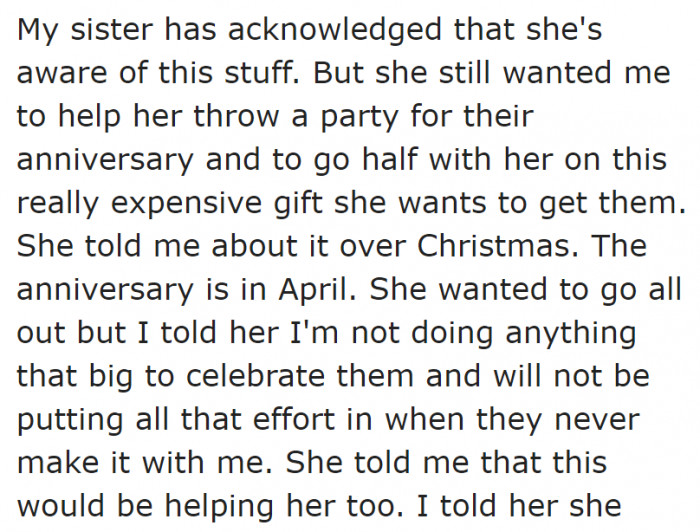 Despite what happened during their childhood, the sister still wanted the OP to help with the wedding anniversary party.