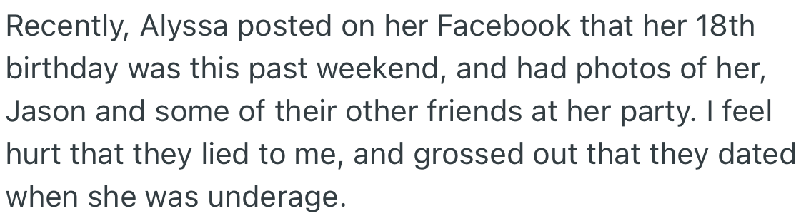 OP shockingly discovered that Alyssa was underage through a Facebook post.