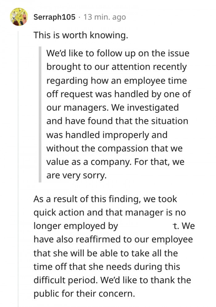 #1 This commenter cited a message from the company where the manager and the employee involved work, confirming that the manager is no longer part of their company.