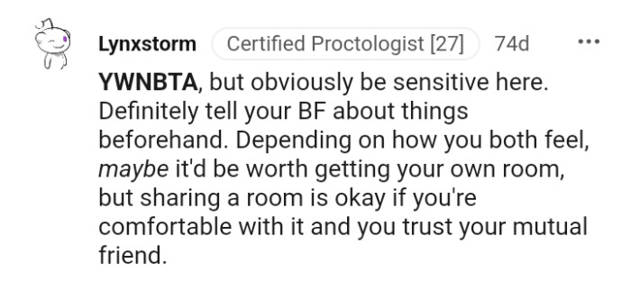 The OP should tell her boyfriend about everything beforehand