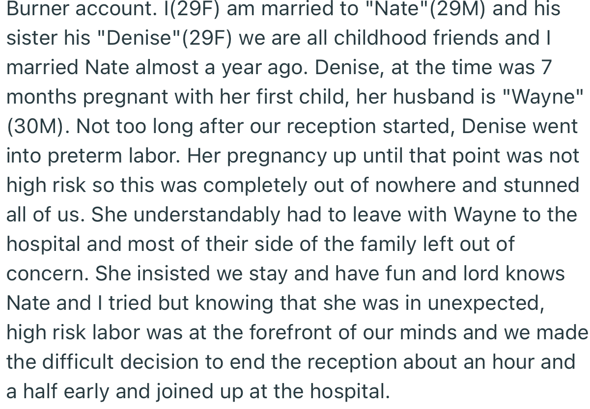 OP and her husband made the difficult decision to end their wedding reception early to be with SIL at the hospital due to her high-risk pregnancy