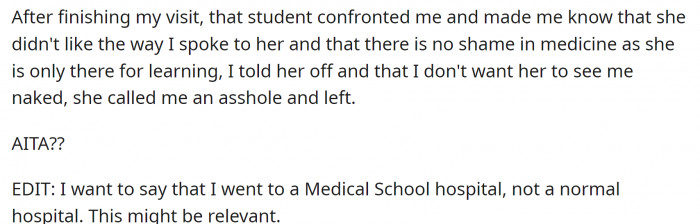 After the exam, that student confronted OP, and they told her off. She called them an a-hole and left. Now, OP is confused. Did they do something wrong?