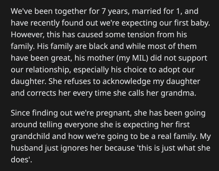 She's been asking OP for updates about her pregnancy but OP is ignoring her