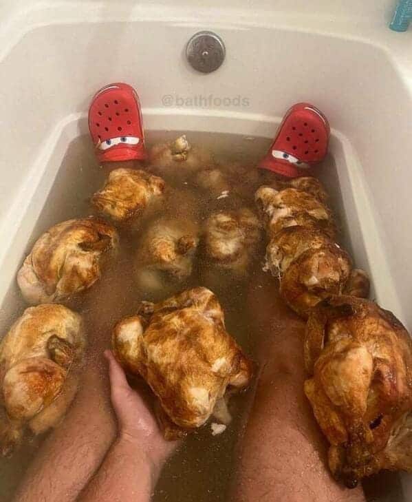 11. Who needs a bubble bath when you can marinate in roast chickens? Crocs for extra flavor.