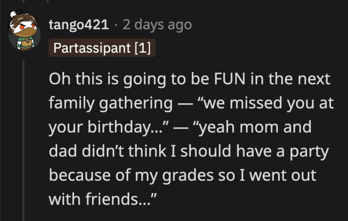 Do they expect OP to keep up with their lies at all future family gatherings so they can save face?