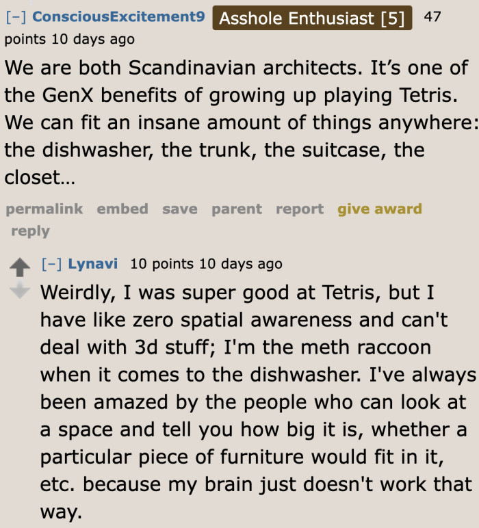 Not all who play Tetris are good at loading the dishwasher, unfortunately.