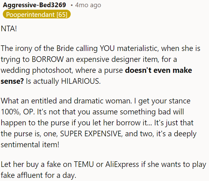 It's ironic for the bride to call OP materialistic while asking to borrow an expensive designer item for a photo shoot.