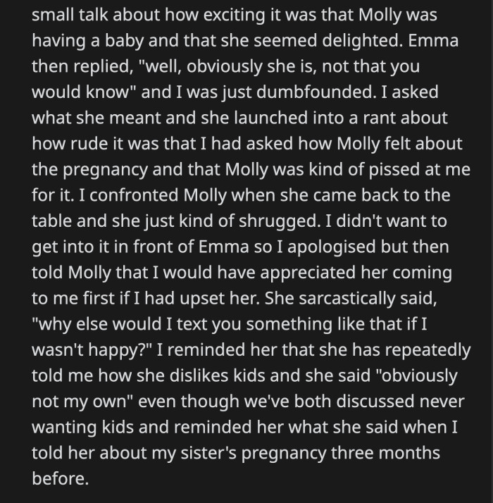 OP confronted Molly when she got back. Molly said she wouldn't have informed OP if she wasn't happy about the pregnancy.