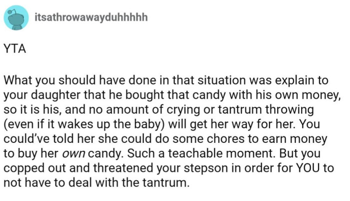 OP rewarded her daughter for the tantrum at the stepson's expense