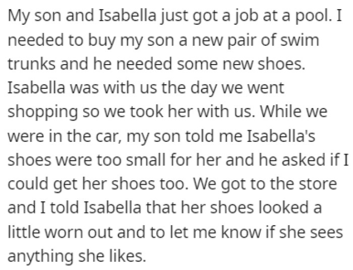 OP was out shopping with their son and Isabella when the son told OP that Isabella's shoes were too small