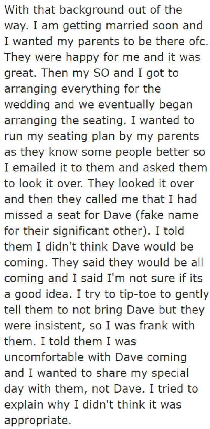When he and his parents were planning for their wedding, the latter saw that their polycule partner wasn't included in the seating arrangement.