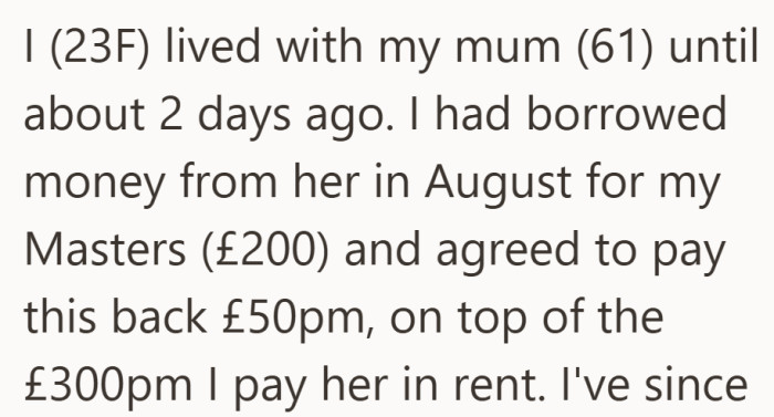 She was paying rent and slowly repaying a loan for her Master’s degree.