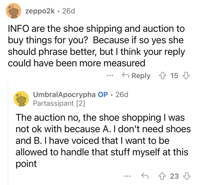 The aunt shouldn't expect a 28-year-old to need assistance buying shoes.
