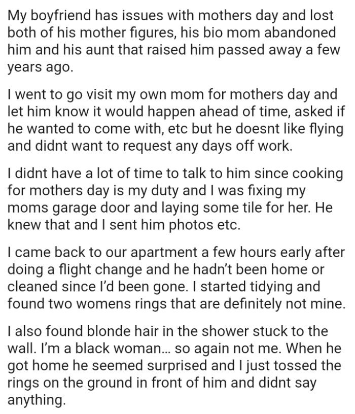OP didn't have a lot of time to talk to her BF since cooking for Mother's Day is her duty.